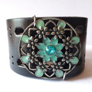 Boho Hippie Rustic Black Leather Cuff Enamel